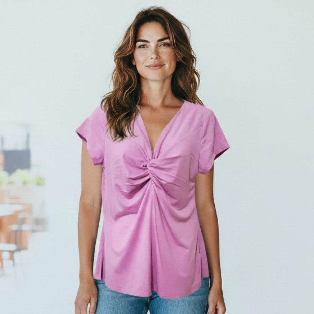 Ana Frosted Lavender Twist Front Top Large, NWT, short sleeve blouse, V-neck